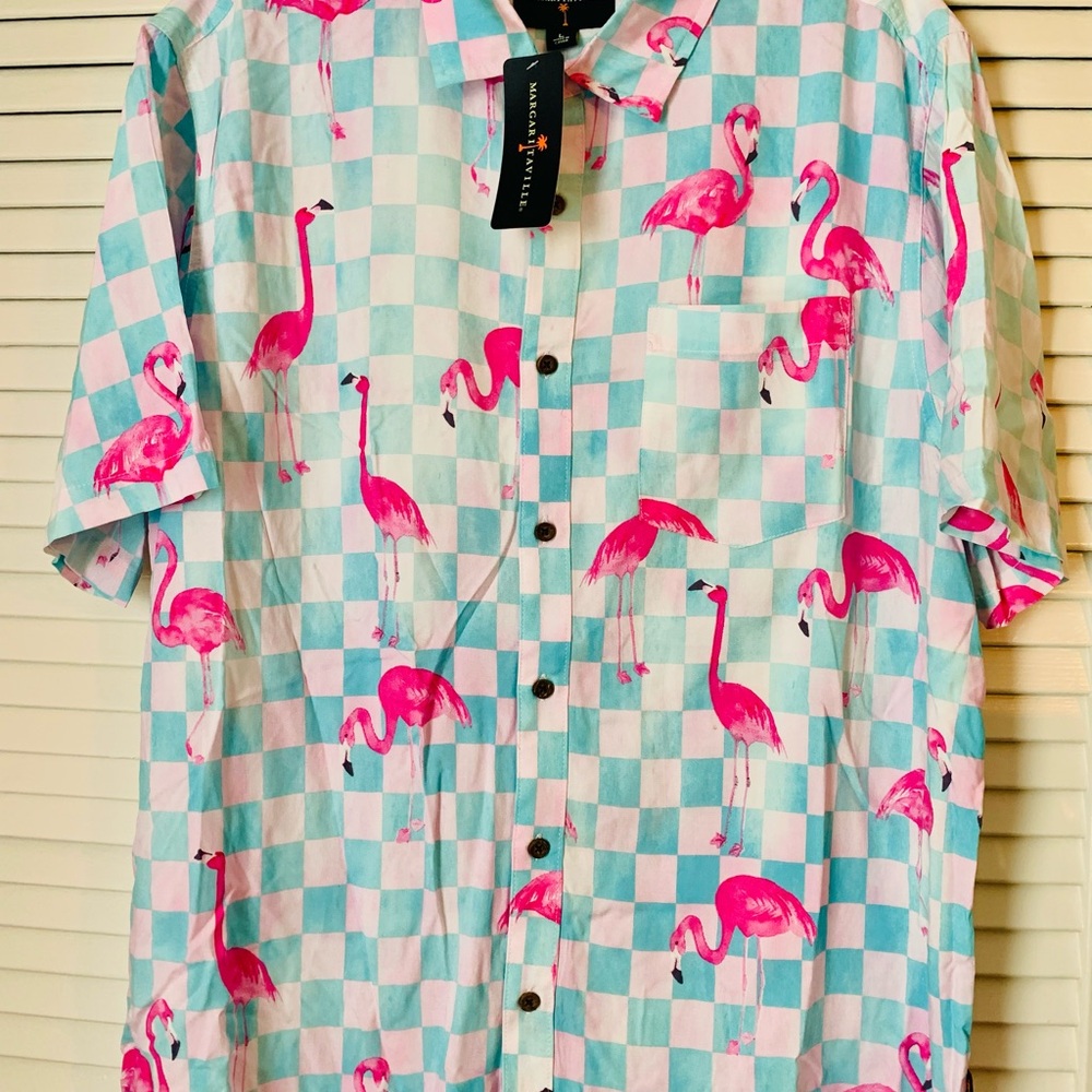 Margaritaville Pink and Blue Casual Button Down Shirt with Flamingo Design